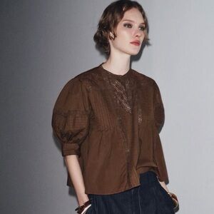 Zara NWT ZW Collection Lace Blouse Chocolate Puff Sleeve Crop Size XL MSRP $70